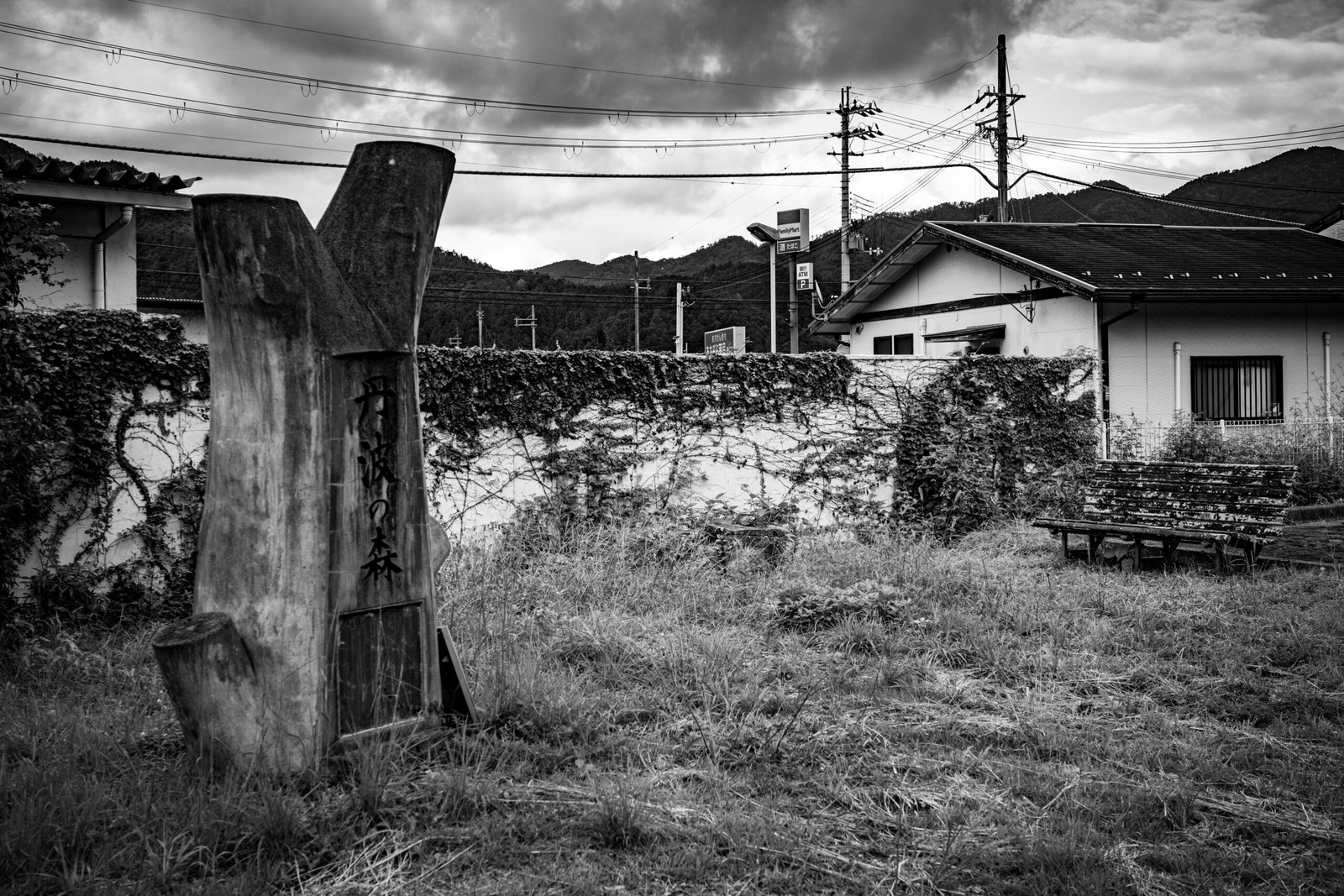 A black and white, bleak image of an apparently abandoned park with some kind of decayed monument.